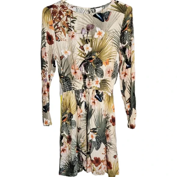 H&M Tropical Safari Bird Palm Leaf Butterfly Floral Print Dress Size 4 - Picture 2 of 9